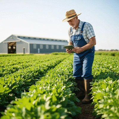 Australian farmer inspecting crops with a tablet, showing modern agricultural practices