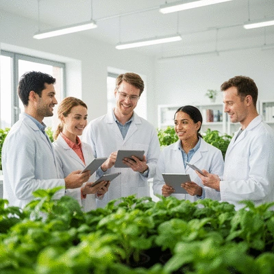 Researchers collaborating in a modern agricultural setting, discussing pest control strategies with tablets and plants