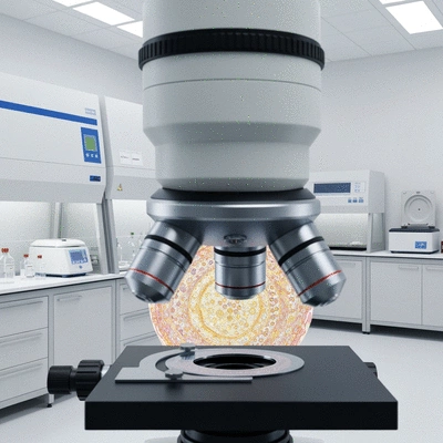 Microscope lens examining plant cells in a laboratory setting