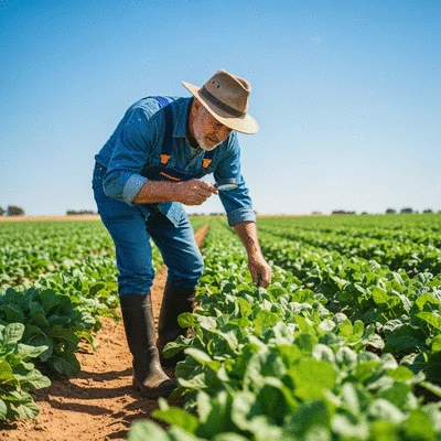 Australian farmer inspecting crops for pests, demonstrating pest management techniques