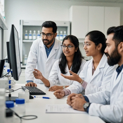 Researchers collaborating and networking in a modern science lab