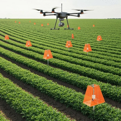 Agricultural drone flying over crops with smart traps