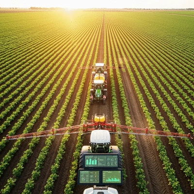 Advanced agricultural technology on a farm, showing digital interfaces and healthy crops
