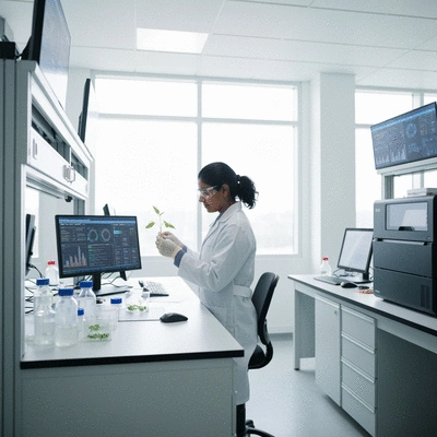 Scientist working with plant samples in a lab, surrounded by genetic sequencing equipment